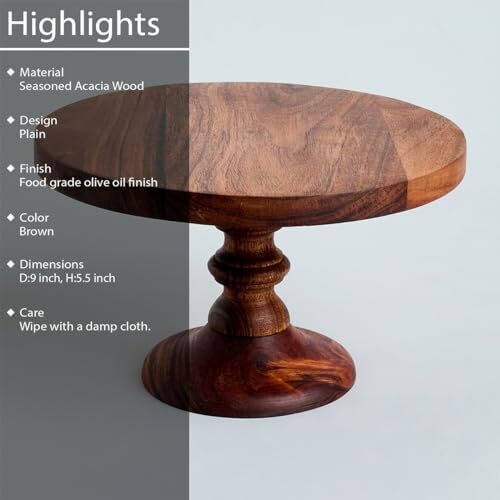 Saaga Round Birch Wooden Cake Stand - 9X5.5 Inch - Pizza Stand, Dessert Platter, Stand For Dining Table - Brown