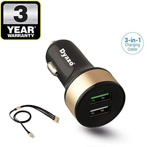 Dyazo Qualcomm Dual Port Turbo Quick Charge 3.0 Dual Port Usb Car Charger For Mobile And Tablets With 3 In 1 Cable