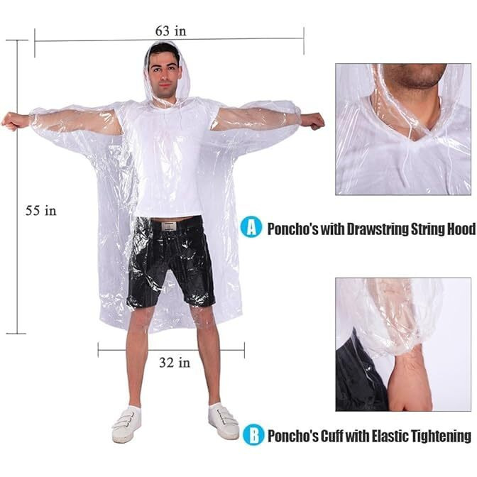 Lomgav Polyethylene (Pe) Knee Length Rain Ponchos, With Drawstring Hood (10 Pack) Emergency Disposable Rain Ponchos Family Pack For Adults, Fit Men And Women, Perfect For Disneyland, Clear