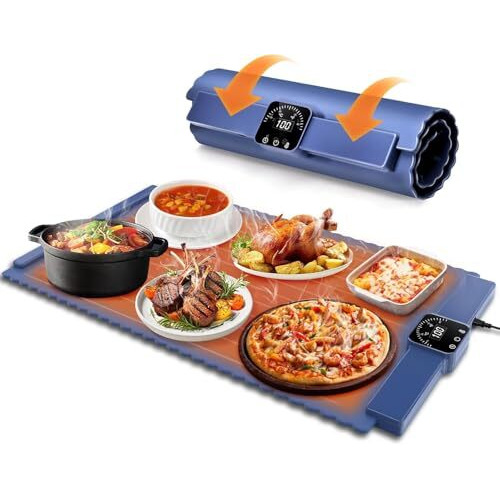 Seahelton Food Warming Mat  Roll Up Food Warmer With Fast & Even Heating, Premium-Grade Silicon Material, 5 Temperature Settings, Auto Shut-Off - Versatile Food Warmers