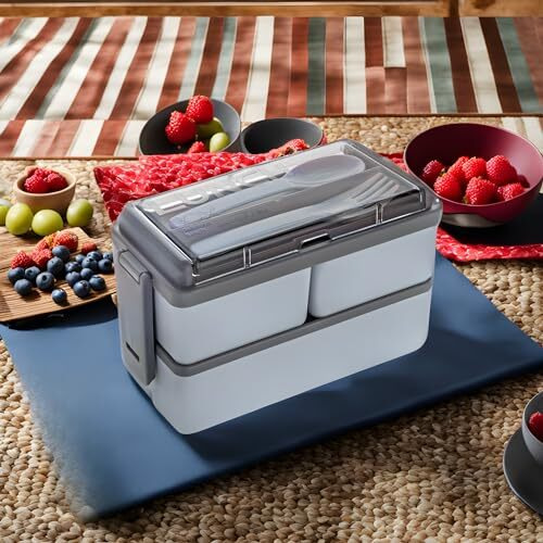 Xmart India Plastic Lunch Box Comes With 3 Detachable Box, 2 Spoons & Stylish Lid Bpa Free, Air Tight,Easy To Carry In Bagpack Ideal For Office, School & Oudoor Double Decker (Light Gray), 1.4 Liters