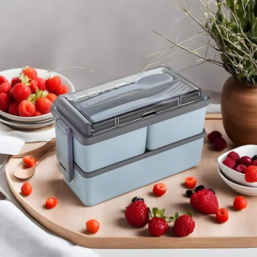 Xmart India Plastic Lunch Box Comes With 3 Detachable Box, 2 Spoons & Stylish Lid Bpa Free, Air Tight,Easy To Carry In Bagpack Ideal For Office, School & Oudoor Double Decker (Light Gray), 1.4 Liters