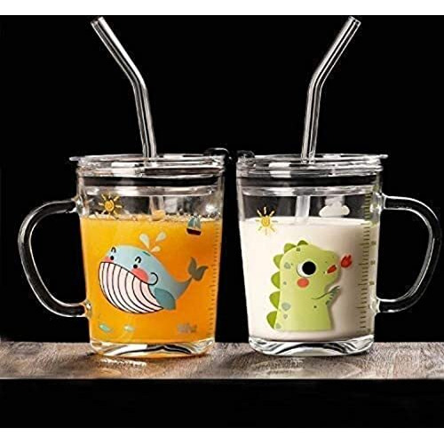 Kikiluxxa Cartoon Print Creative Milk Glass Sipper Cup/Mug With Handle And Spill Proof Lid And Straw Tumbler - Random Design (Transparent, 350Ml)