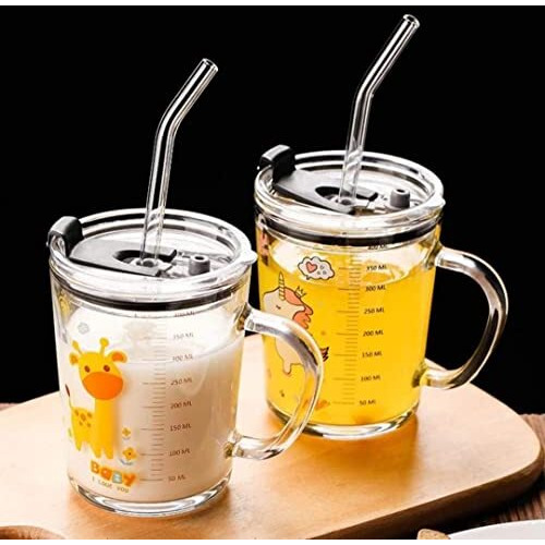 Kikiluxxa Cartoon Print Creative Milk Glass Sipper Cup/Mug With Handle And Spill Proof Lid And Straw Tumbler - Random Design (Transparent, 350Ml)
