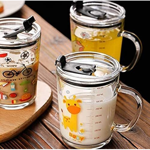 Kikiluxxa Cartoon Print Creative Milk Glass Sipper Cup/Mug With Handle And Spill Proof Lid And Straw Tumbler - Random Design (Transparent, 350Ml)