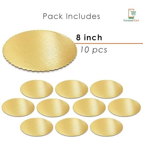 Curated Cart 8 Inch Cake Boards  Mdf Disposable Round Cake Boards, Matte Gold Scalloped Base For Cake, Tart, Pizza, Pack Of 10