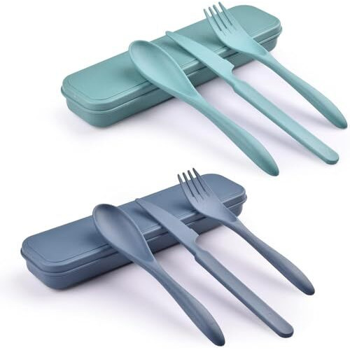 Zoyiancy 2 Sets Reusable Cutlery Set With Case Travel Spoon Set Portable Plastic Set For Picnic School Office Lunch