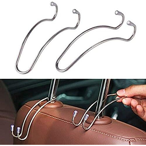 Lukzer Headrest Hooks  Heavy-Duty Car Seat Back Hooks For Handbags, Groceries, Clothing & Shopping Bags  Multi-Purpose Car Organizer Hangers (Stainless Steel, Pack Of 2)