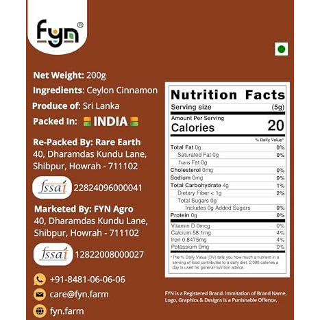 Fyn Ceylon Cinnamon Sticks (200G) - Authentic True Sri Lankan Dalchini Quills Roll | World's Finest | Low Coumarin