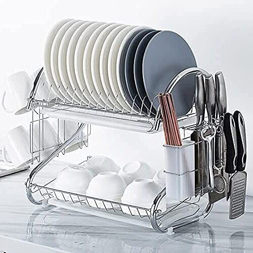 Roy S Shape 2 Layer Chrome Coated Kitchen Dish Drainer Organize Storage Rack - Plate, Cutlery Utensil, Fruits And Vegetable Drying Drain And Storage Stand (Silver)(Chrome Coted)
