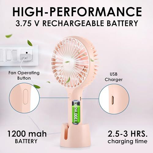 Gesto Portable Fan Rechargeable  Usb Charging Hand Fan With 1200Mah Battery & 3 Speed Modes | Mini Fan, Small Fan, Handheld Fan  Ideal For Travel, Makeup, Kitchen | WomenS Personal Pankhaa - Pink
