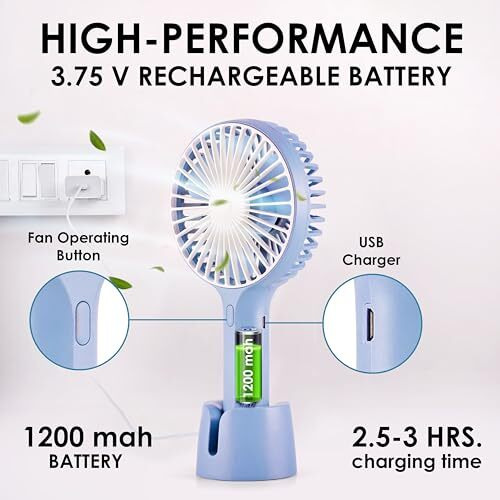 Gesto Portable Fan Rechargeable  Usb Charging Hand Fan With 1200Mah Battery & 3 Speed Modes | Mini Fan, Small Fan, Handheld Fan  Ideal For Travel, Makeup, Kitchen | WomenS Personal Pankhaa - Blue