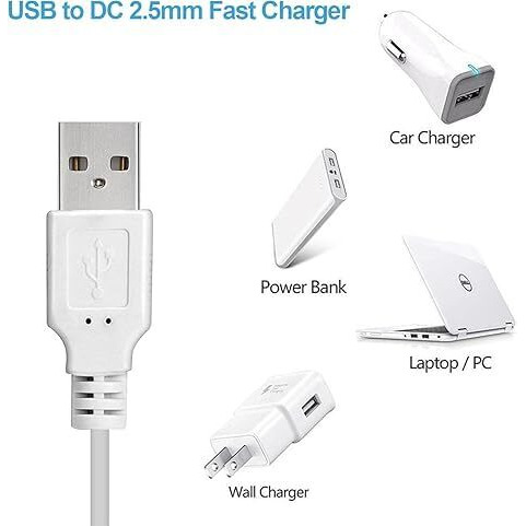Dazzliq Usb To Dc 2.5Mm Power Cable 1 Meter Replacement Charging Cable For Toys Beauty Devices Cactus Toy Charger Cable Only Universal Usb Charger Cable Byjus Learn Station Tablet Charger (White)