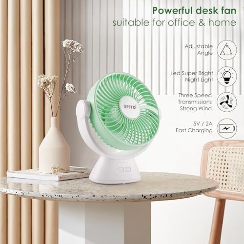 Gesto 6 Inch Rechargeable Table Fan With Led Light  High-Speed Noiseless Portable Fan With 3 Speed Modes | 2400Mah Battery Up To 8 Hours Runtime Usb Charging Fan For Home, Office, Kitchen (Green)