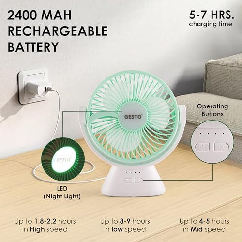 Gesto 6 Inch Rechargeable Table Fan With Led Light  High-Speed Noiseless Portable Fan With 3 Speed Modes | 2400Mah Battery Up To 8 Hours Runtime Usb Charging Fan For Home, Office, Kitchen (Green)
