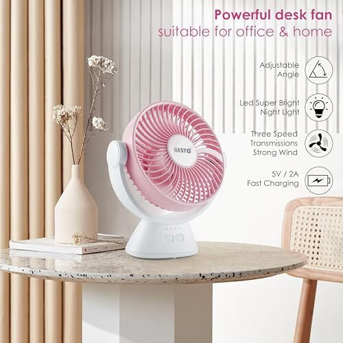 Gesto Table Fan High-Speed Rechargeable With Led Light  6 Inch Noiseless Portable Fan With 4 Speed Modes | 2400Mah Battery Up To 8 Hours Runtime Usb Charging Fan For Home, Office, Kitchen (Pink)