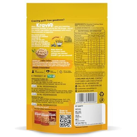 Kravio Premium Roasted Salted Cashew Nuts 200G | Zero Cholesterol Natural Jumbo Size Whole Kaju Nuts & Dry Fruits | Rich In Protein, Roasted Crunchy Delicious Healthy Snacks