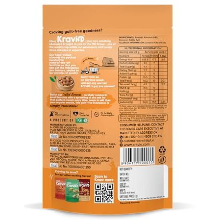 Kravio Premium Roasted Salted Almonds 200G | Zero Cholesterol Natural Whole California Badam Nuts & Dry Fruits | Rich In Protein, Roasted Crunchy Delicious Healthy Snacks