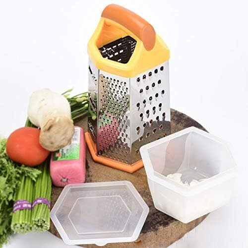 Bagonias 6-Sided Multipurpose Stainless Steel Grater, Slicer & Shredder For Vegetables, Cheese & More  Includes Storage Container, Non-Slip Base, Durable, Large (Orange & Silver)