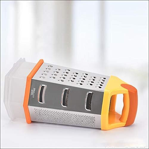Bagonias 6-Sided Multipurpose Stainless Steel Grater, Slicer & Shredder For Vegetables, Cheese & More  Includes Storage Container, Non-Slip Base, Durable, Large (Orange & Silver)