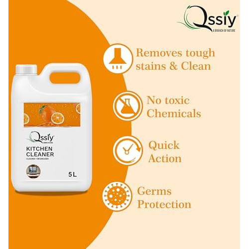 Qssiy Kitchen Cleaner 5 Liter | Surface Cleaner Liquid For Kitchen & Bathroom | Glass Stove Top Cleaner | Grease Removal | Kitchen Oil Stain Remover | Skin Friendly And Non Toxic (Orange)