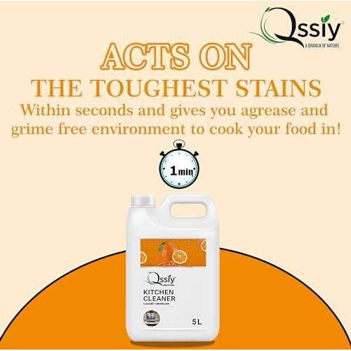 Qssiy Kitchen Cleaner 5 Liter | Surface Cleaner Liquid For Kitchen & Bathroom | Glass Stove Top Cleaner | Grease Removal | Kitchen Oil Stain Remover | Skin Friendly And Non Toxic (Orange)