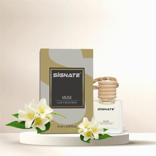 Signate Car Perfume With Natural Fragrance Essential Oils | Car Air Fresheners Long Lasting Upto 90 Days | Hanging Pod In Glass Bottle With Wooden Diffuser Lid  15Ml (Musk) (Pack Of 2)