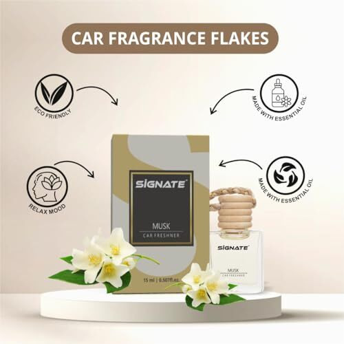 Signate Car Perfume With Natural Fragrance Essential Oils | Car Air Fresheners Long Lasting Upto 90 Days | Hanging Pod In Glass Bottle With Wooden Diffuser Lid  15Ml (Musk) (Pack Of 2)