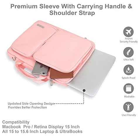 Probus Canvas Dual Pocket Laptop Sleeve Messenger Bag Organizer Compatible With 15.6Inch Laptop- Pink