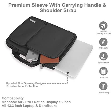 Probus Canvas Dual Pocket Laptop Sleeve Messenger Bag Organizer Compatible With 13.3Inch Laptop- Black