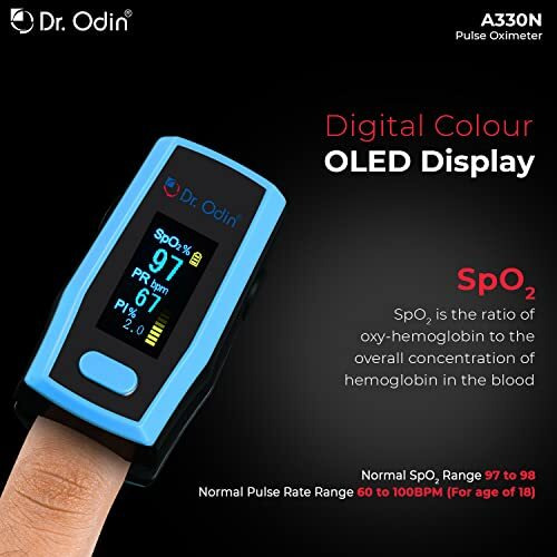 Dr. Odin A330N Pulse Oximeter With Quick Heart Rate And Oxygen Monitoring, Oled Display, Flex Finger Grip, Vibrant Oled (Black & Blue)