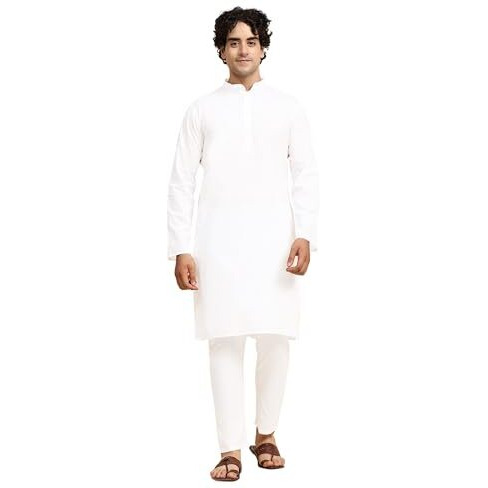 Skavij Cotton Men's Casual Solid Kurta Pajama Set Regular Fit Traditional Dress Yoga Outfit White, Xl