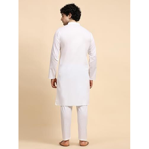 Skavij Cotton Men's Casual Solid Kurta Pajama Set Regular Fit Traditional Dress Yoga Outfit White, Xl