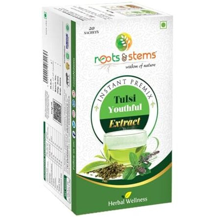 Roots & Stems Tulsi Tea | Instant Premix Extract Powder With Probiotic Herbal Tea | For Cold, Cough & Immunity | 60G (3Gx20 Sachets) Pack Of 1