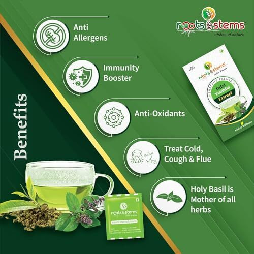 Roots & Stems Tulsi Tea | Instant Premix Extract Powder With Probiotic Herbal Tea | For Cold, Cough & Immunity | 60G (3Gx20 Sachets) Pack Of 1