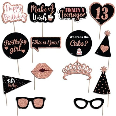 Festiko 14 Pcs Happy 13Th Birthday Photobooth Props For Birthday Celebration, Make A Wish, Finally Teenager, Party Supplies - Black And Rose Gold