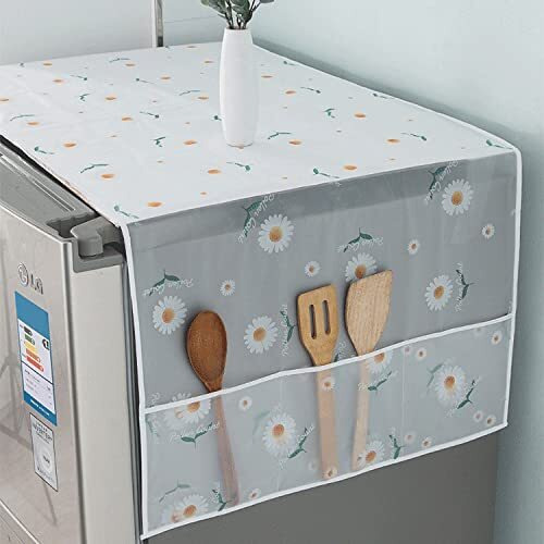Wolpin 1Pc Fridge Cover For Top With 6 Utility Pockets Designer Daisy Prints Waterproof