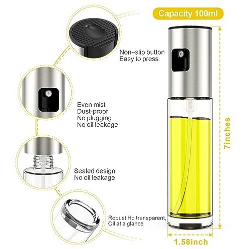 Oavostd Premium Olive Oil Sprayer For Cooking, 1 Pack Food-Grade Olive Oil Spray Bottle With 304 Stainless Steel, 100Ml Olive Mister Spray Bottle For Cooking, Perfect For Salad, Bbq, Baking,Silver
