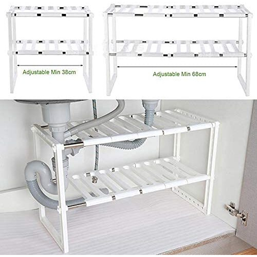 Inovera (Label) Pool Space Under Sink Plastic Storage Organizer Adjustable Kitchen Rack Holder, White, Tabletop, Countertop, Plastic Shelves, 38 Cm(Height)
