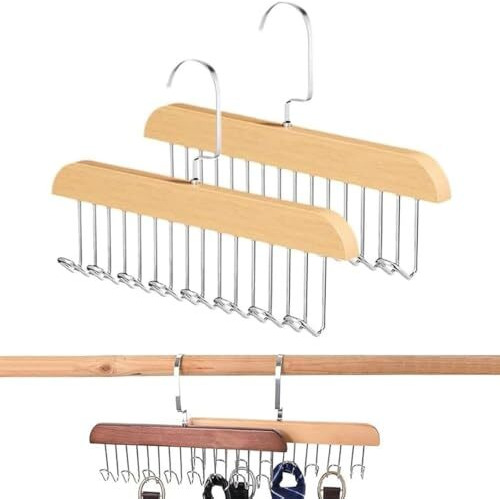 Mosquick 2 Pcs Tie Hanger With 8 Hanger Hooks Hangers For Clothes Hanging Scarf Bra Organiser Wooden Hangers For Wardrobe Multipurpose Cloth Hanger Belt Hangers For Wardrobe Cupboard Organizer Brown