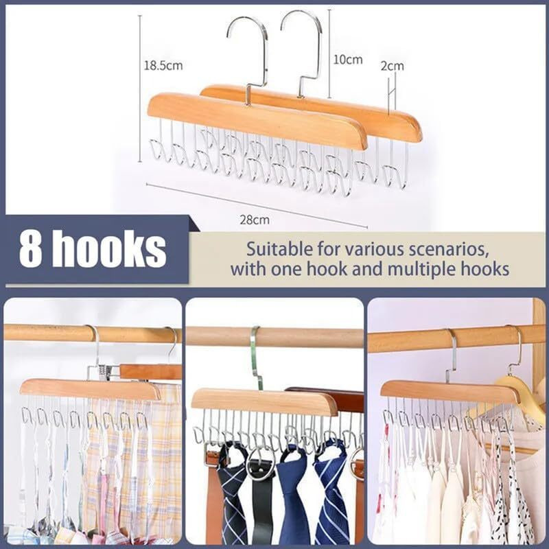 Mosquick 2 Pcs Tie Hanger With 8 Hanger Hooks Hangers For Clothes Hanging Scarf Bra Organiser Wooden Hangers For Wardrobe Multipurpose Cloth Hanger Belt Hangers For Wardrobe Cupboard Organizer Brown