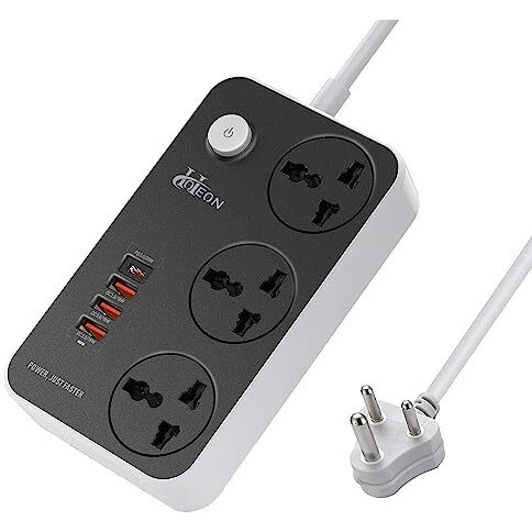 Hoteon Extension Board, Power Strip With 20W Fast Pd/Type C, 2500W 10A Extension Cord With 3 Universal Socket, 38W Usb Fast Charging Ports, 3-Pin Surge Protection For Home Office 250 Volts Black