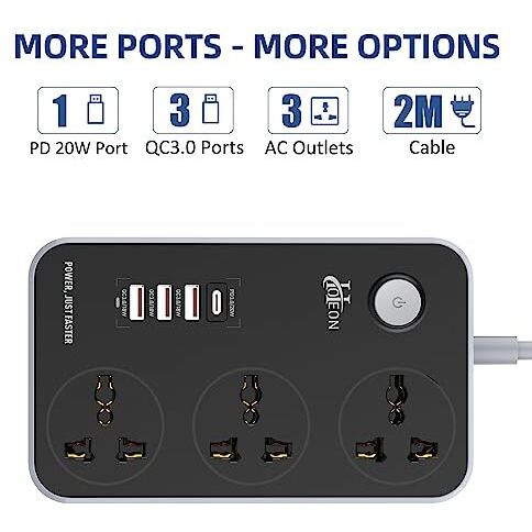 Hoteon Extension Board, Power Strip With 20W Fast Pd/Type C, 2500W 10A Extension Cord With 3 Universal Socket, 38W Usb Fast Charging Ports, 3-Pin Surge Protection For Home Office 250 Volts Black