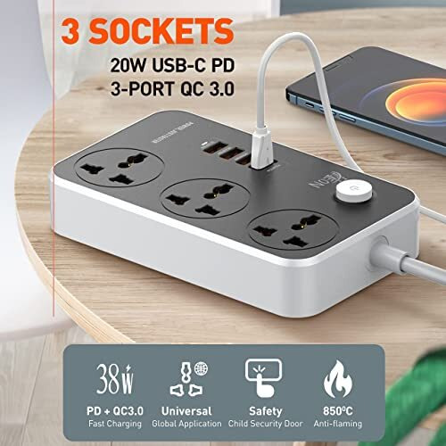 Hoteon Extension Board, Power Strip With 20W Fast Pd/Type C, 2500W 10A Extension Cord With 3 Universal Socket, 38W Usb Fast Charging Ports, 3-Pin Surge Protection For Home Office 250 Volts Black