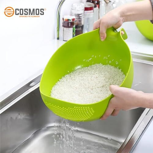 E-Cosmos Water Strainer Multi-Use Strainer/Washer Bowl For Rice Vegetable & Fruits (Rice Bowl) (Pack Of 1, Green)
