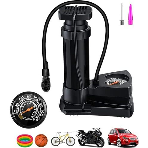 D Raj Portable High Pressure Foot Air Pump Heavy Compressor Cylinder With Pressure Gauge Floor Pump For Motorbike, For Cars, Bicycle, Football, Cycle Pump., Black