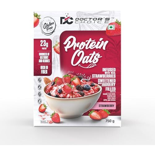 Dc Doctors Choice Strawberry High Protein Oats (23G Protein), Jaggery Sweetened, No Additives, 0G Refined Sugar, High-Fiber Cereal With Raisins | Doctor Choice Oats (750G, Strawberry)