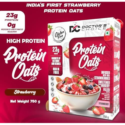 Dc Doctors Choice Strawberry High Protein Oats (23G Protein), Jaggery Sweetened, No Additives, 0G Refined Sugar, High-Fiber Cereal With Raisins | Doctor Choice Oats (750G, Strawberry)