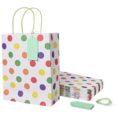 Suffix Retail (Pack Of 30) Polka Dots Paper Bags For Return Gifts With Gift Tags & Threads/Gift Bags For Corporate Events (12X8.7X3 Inches) | Party Favor Bags For Kids Birthday - 100Gsm, Multicolor