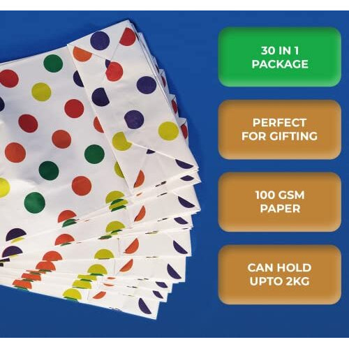 Suffix Retail (Pack Of 30) Polka Dots Paper Bags For Return Gifts With Gift Tags & Threads/Gift Bags For Corporate Events (12X8.7X3 Inches) | Party Favor Bags For Kids Birthday - 100Gsm, Multicolor